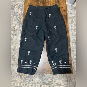 Paraphrase Linen Crop Ankle Pants Embroidered Palm Trees Black Size 14
